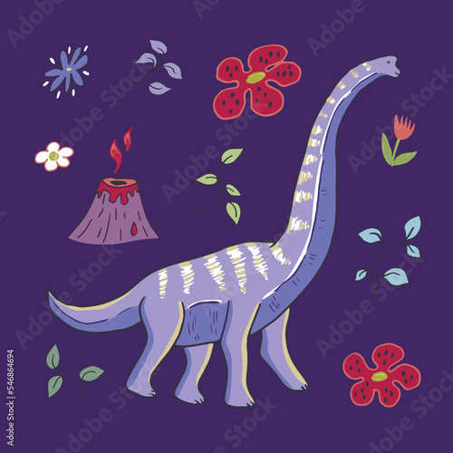 Dinosaur brontosaurus vector illustrations set.