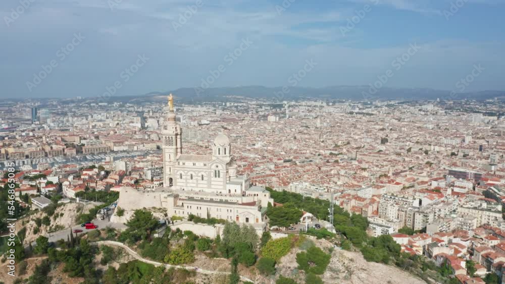 Flying around Notre Dame de la Garde Basilica in Marseille France Flying around Notre Dame de la Garde Basilica in Marseille France