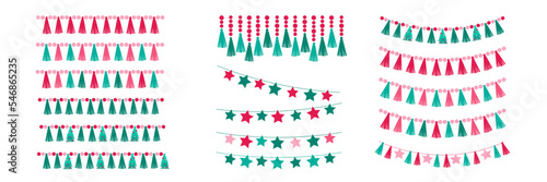 Christmas decoration set garlands and buntings made of tassels, stars, beads. Flat vector illustration