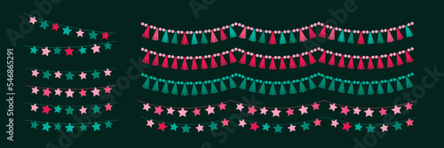 Christmas decoration set garlands and buntings made of tassels, stars, beads. Flat vector illustration