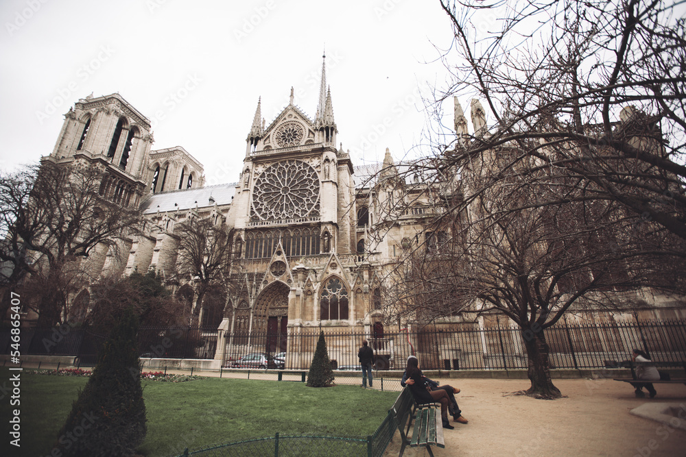 Obraz premium Paris, France, Notre-Dame de Paris Cathedral facade, city panorama
