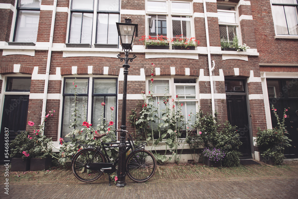 beautiful architecture house facade and bicycle on the streets of the city of Utrecht in the Netherlands.