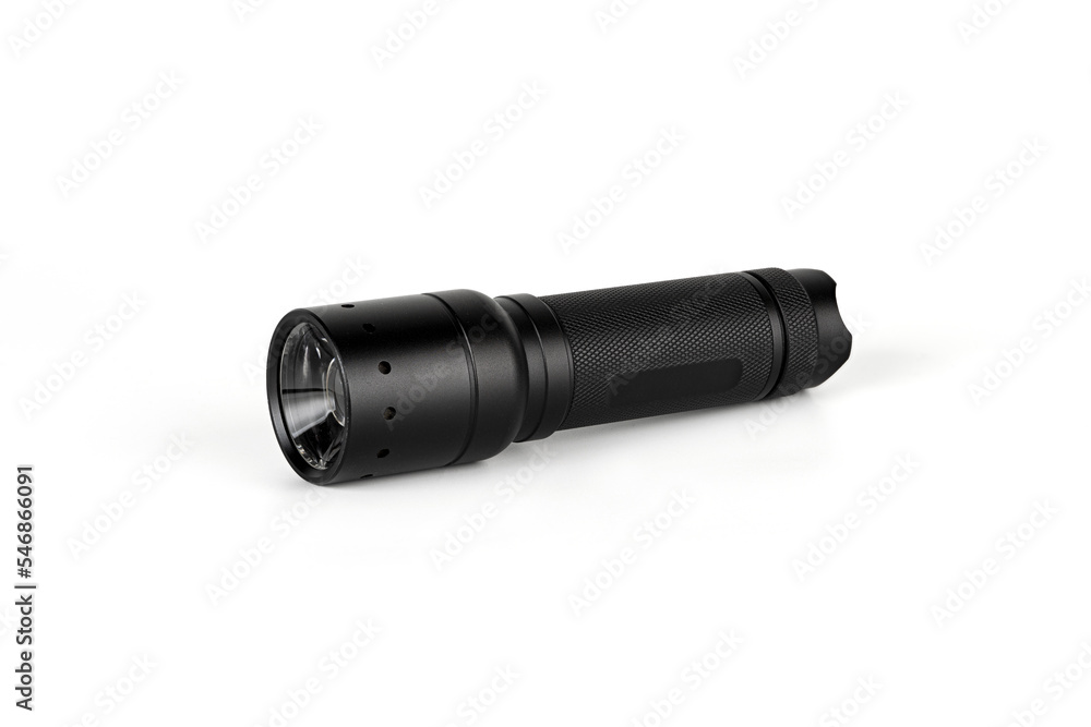 Close up zoom flashlight isolated on white background.