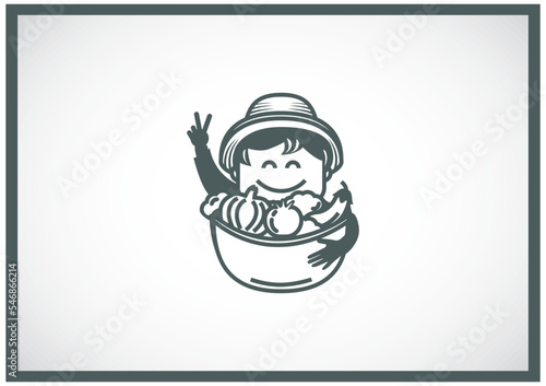 A young boy is holding a basket full of fresh organic veggies and fruits, a flat vector design