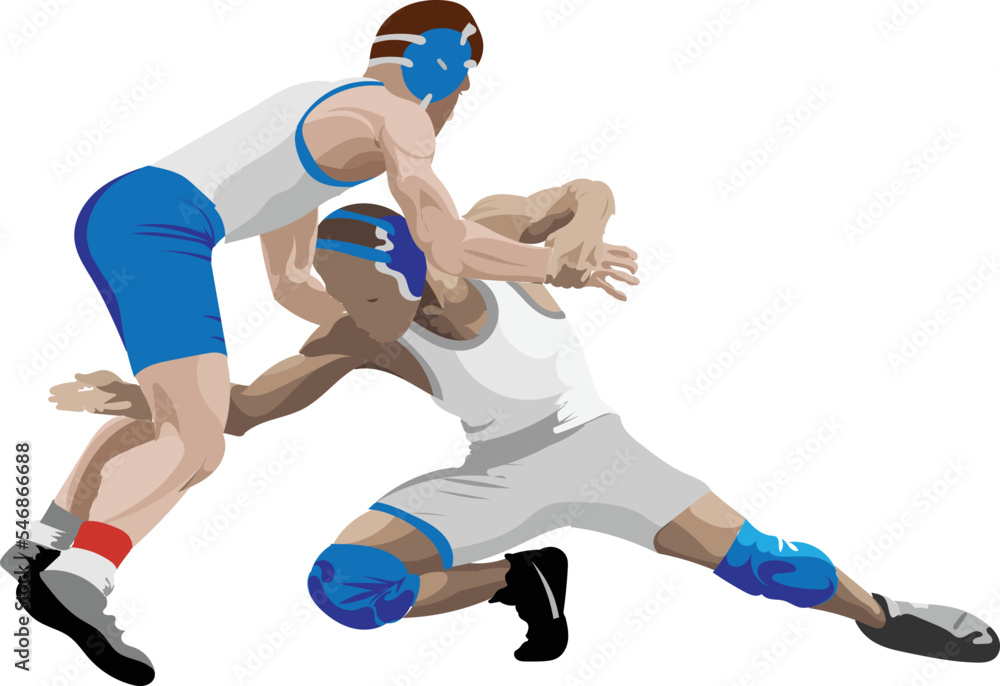 Vector illustration of two sportsmen wrestling against the white