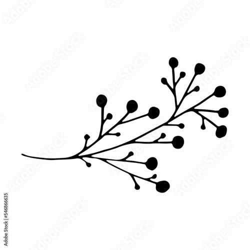 Doodle single twig branch with berries element. Dry shrub, bush twig. Vector illustration.