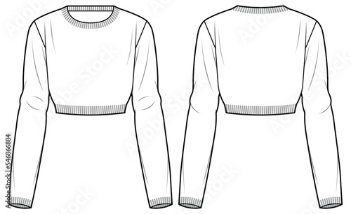 womens long sleeve crew neck crop top flat sketch vector illustration technical cad drawing template