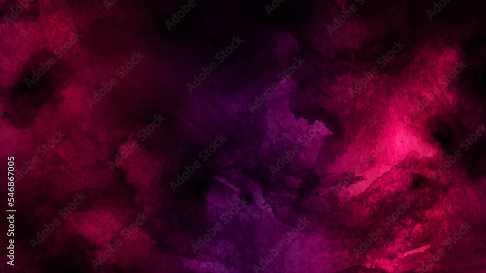 Colorful watercolor drawing on a paper. Modern red and purple watercolor gradient background. 
