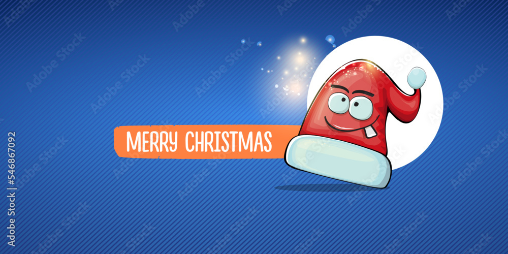 Fototapeta premium Vector cartoon Santa Claus red hat with smile face isolated on blue horizontal bannner background with lights. Merry Christmas greeting banner with funny monster Santa Claus hat. Santa hat