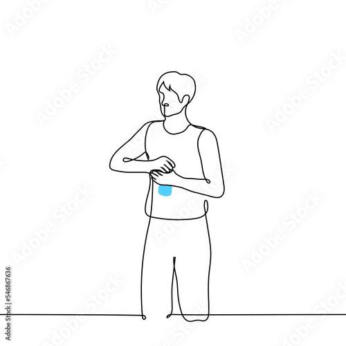 man standing opening water bottle with both hands - one line drawing vector. concept to quench your thirst