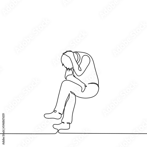 man sits hunched over and running his hand over his head, his legs crossed - one line drawing vector. concept headache, scratching your head