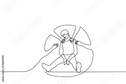 sad man sits with his head down, hands of invisible people reach out to him - one line drawing vector. concept consolation, support for family and friends (close people), charity