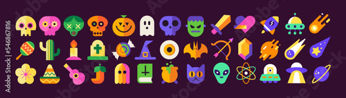 Pop culture icon set. Geek icon collection. Flat vector illustrations. Halloween, fantasy and science fiction symbols. Isolated elements. Video game iconography. Funny and colorful pictograms. Bundle.