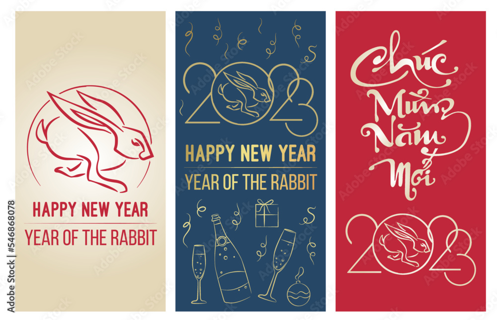 Collection of social media banners year of the rabbit, illustrations of rabbits. Chinese new year 2023 is the year of the rabbit, the symbol of the Chinese zodiac.