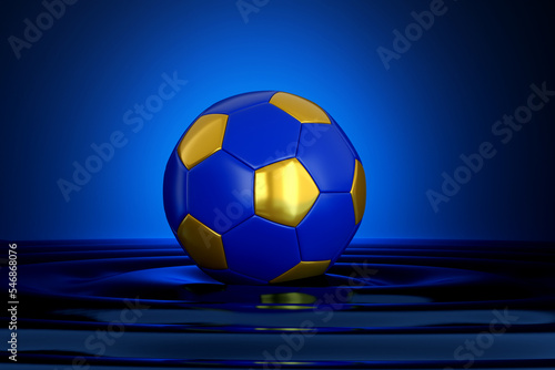 Soccer Ball with Blue and Gold Color in Water Creating Ripples - 3D Illustration