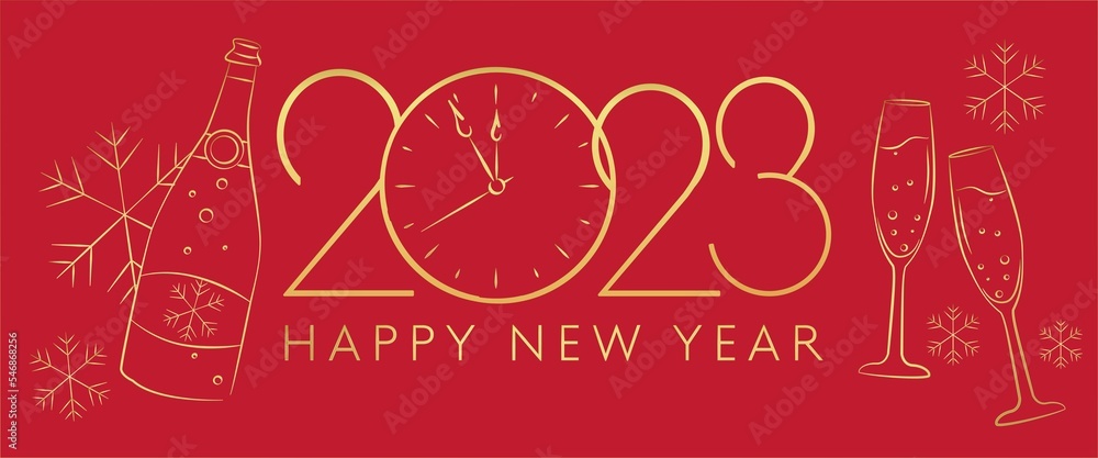 Happy New Year greeting card vector template. Festive Christmas social media banner design with congratulations. Gold number 2023 framed with realistic illustration of confetti with typography. Happy New Year greeting card vector template. Festive Christmas social media banner design with congratulations. Gold number 2023 framed with realistic illustration of confetti with typography.
