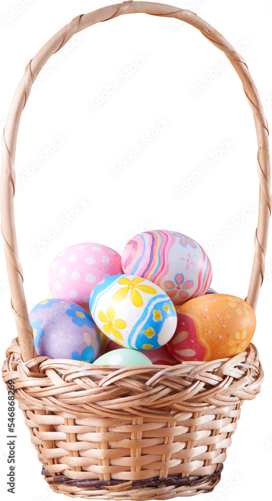 Happy Easter day colorful eggs in basket with flowers Happy Easter day colorful eggs in basket with flowers