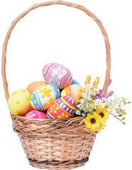 Happy Easter day colorful eggs in basket with flowers