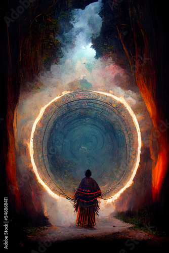 shaman drum calling the spirits, shaman and the other worlds, transpassing of two realities, calling the spirits, smoke on black background, illustration, generative ai