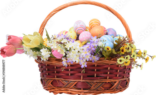Canvas Print Happy Easter day colorful eggs in basket with flowers