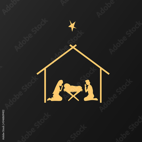 Christmas scene of baby Jesus in the manger, Mary and Joseph in silhouettes, Christian Christmas star with text Nativity of Christ, vector banner