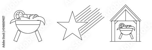 Christmas icons. Jesus in the manger, Star of Bethlehem