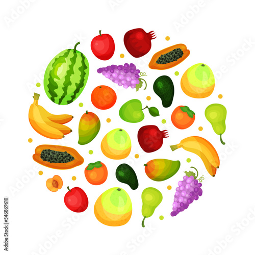 Fresh ripe fruits of circular shape. Watermelon, banana, mango, peach, garnet organic fruit poster, card, banner cartoon vector