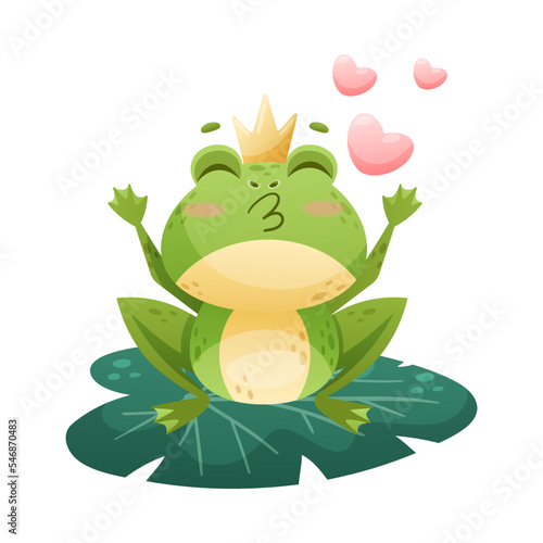 Cute Green Leaping Frog Character Sitting on Lily Pad in Crown and Kissing Vector Illustration