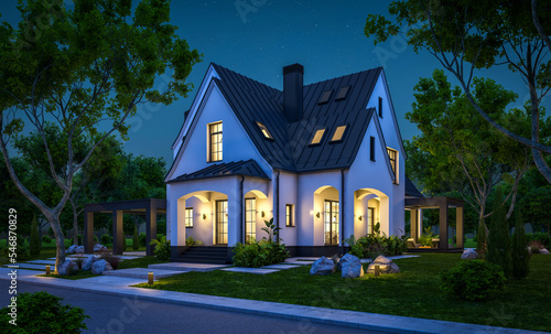 3d rendering of cute cozy white and black modern Tudor style house with parking and pool for sale or rent with beautiful landscaping. Fairy roofs. Clear summer night with many stars on the sky.