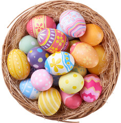 Happy Easter day colorful eggs in basket top view