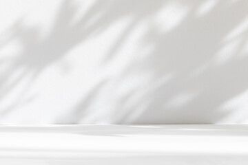 Abstract white studio background for product presentation. Empty room with shadows of window and flowers and palm leaves . 3d room with copy space. Summer concert. Blurred backdrop.