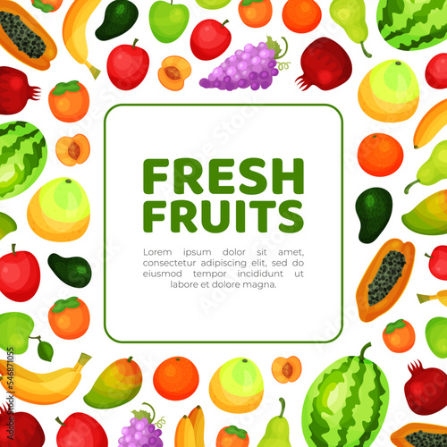 Fresh fruits banner template. Watermelon, banana, mango, peach, garnet organic fruit poster, card cartoon vector