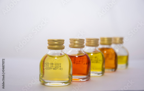 colored food oil bottles