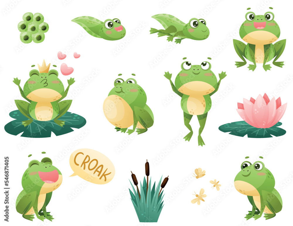 Obraz premium Cute Green Leaping Frog Character with Water Lily and Reed Vector Set