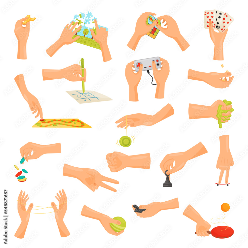 Set of human hands playing different games. Hand playing ball, chess, slime, collecting puzzle cartoon vector
