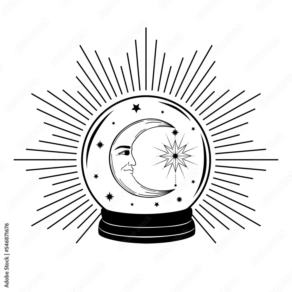 Hand drawn mystical crystal ball with star and moon with face in line ...