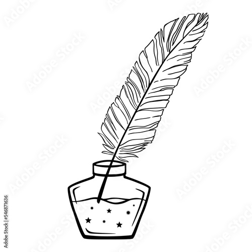 Hand drawn mystical quill pen and inkwell. Glass bottle with elixir, star and feather. Magic symbol, talisman, antique style, boho. Vector doodle sketch illustration isolated on white background