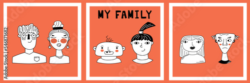 Portrait of my family. Hand drawn doodle my family. Black and white vector illustration on an orange background