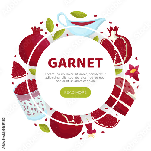 Garnet landing page template. Organic fresh juicy pomegranate fruit web banner, website cartoon vector © Happypictures