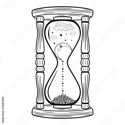 Hand drawn mystical hourglass with Moon with face, star and cloud in line art. Magic collection, symbol, talisman, antique style, boho. Vector doodle sketch illustration isolated on white background