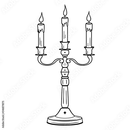 Hand drawn candelabrum with burning candles and stars in line art. Vintage candlestick icon, antique style, boho. Vector doodle sketch illustration isolated on white background