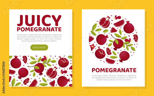 Sweet garnet web banner and card templates set. Organic fresh juicy pomegranate fruit landing page, promotional leaflet cartoon vector