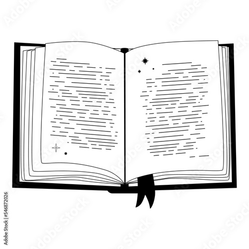 Hand drawn mystical open book with star in line art. Magic collection, symbol, talisman, antique style, boho. Vector sketch illustration isolated on white background