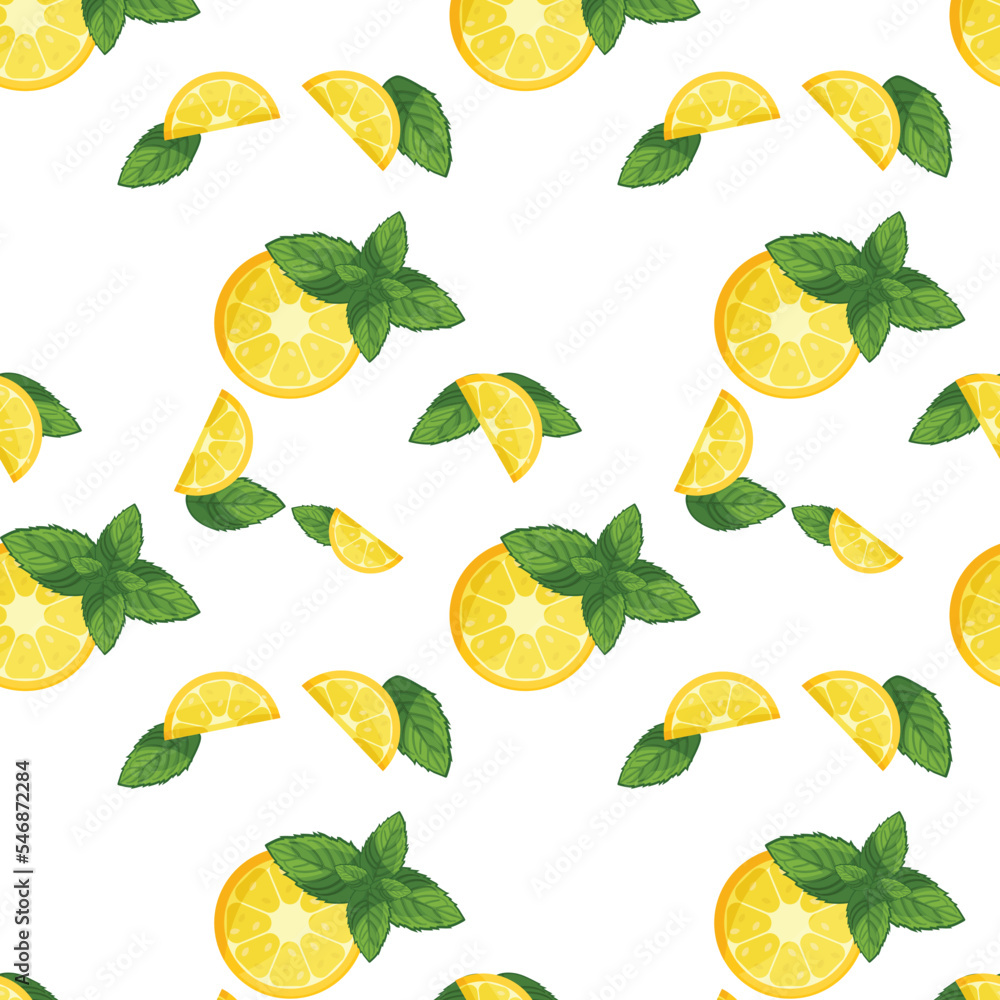 seamless fruity pattern of juicy lemon and mint on a white background seamless fruity pattern of juicy lemon and mint on a white background