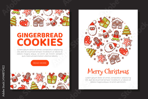 Gingerbread cookies web banner and card templates set. Christmas and New Year landing page, promotional leaflet cartoon vector
