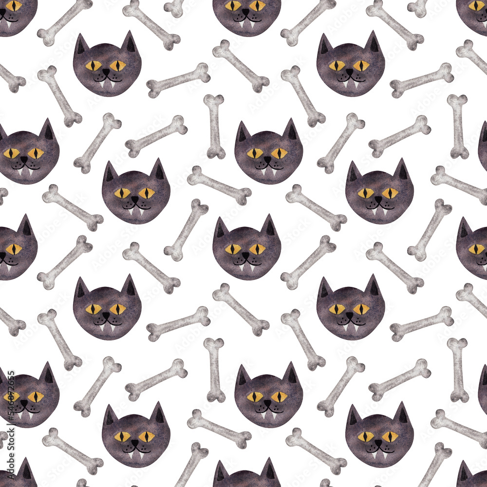 Cat muzzle and bones, watercolor seamless pattern. Illustration for Halloween Cat muzzle and bones, watercolor seamless pattern. Illustration for Halloween