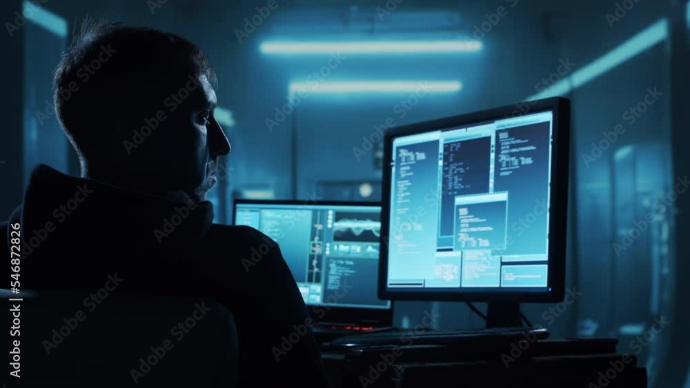 Computer Hacker in Hoodie. Obscured Dark Face. Hacker Attack, Virus Infected Software, Dark Web and Cyber Security concept Computer Hacker in Hoodie. Obscured Dark Face. Hacker Attack, Virus Infected Software, Dark Web and Cyber Security concept