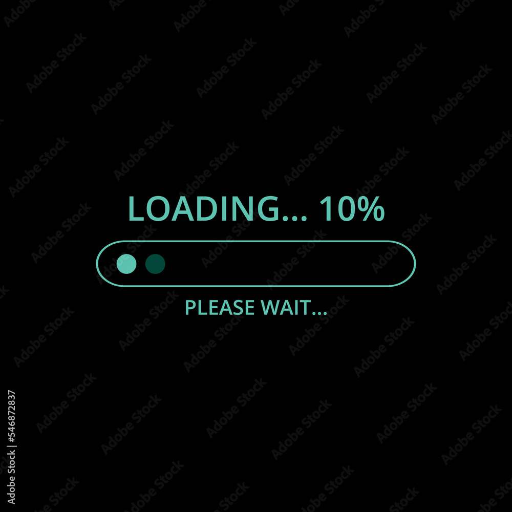 Loading bar in progress isolated on black background. Conceptual technology. Vector illustration of loading bar at 10%.