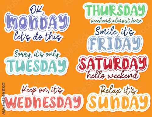 Set of days of the week stickers with lettering. Print for planners, calendars, diaries. Vector collection of design elements