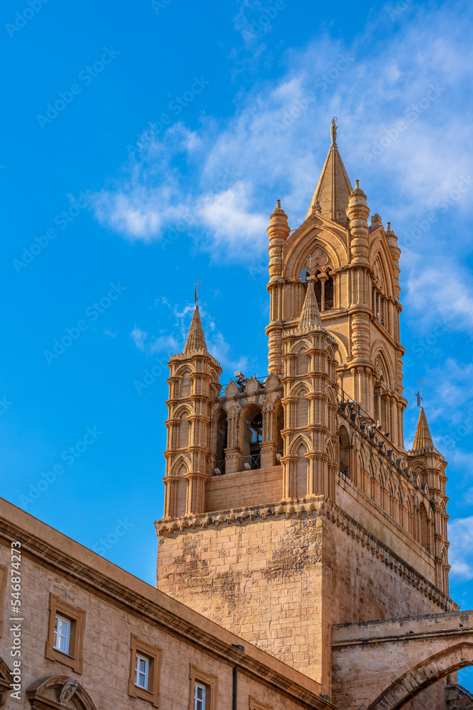 View of the bell tower of the Cattedrale di Palermo in Sicily, Italy